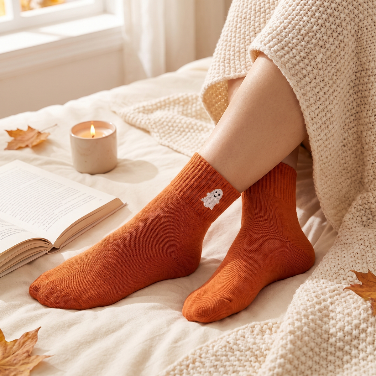 Chaussette orange brodée fantôme portée