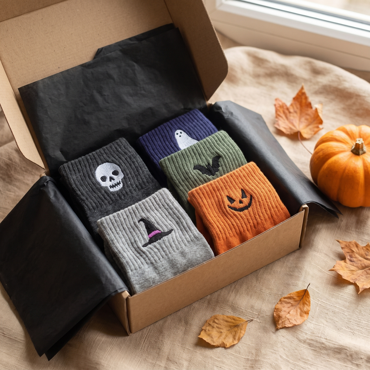 Lot de 5 chaussettes Halloween dans une boîte cadeau kraft