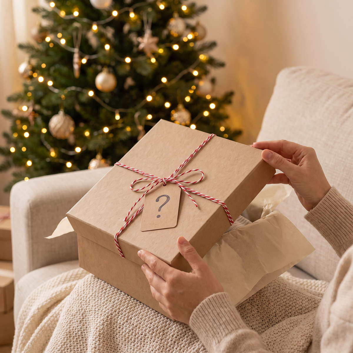 Ouverture de la box mystère au pied du sapin