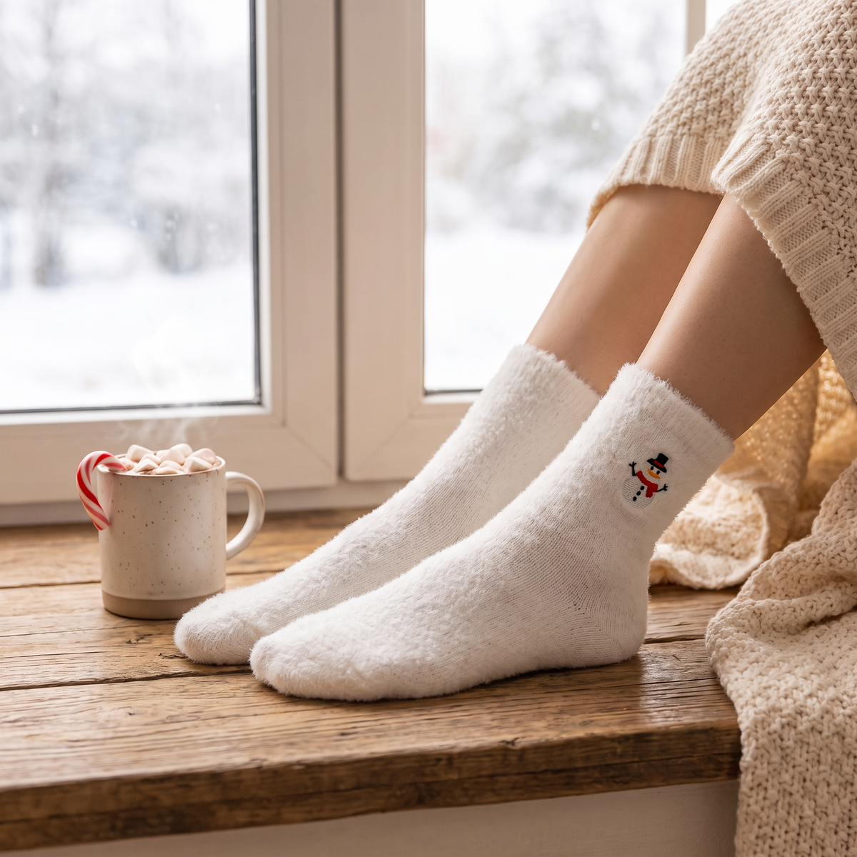 Chaussette de Noël velours bonhomme de neige portée